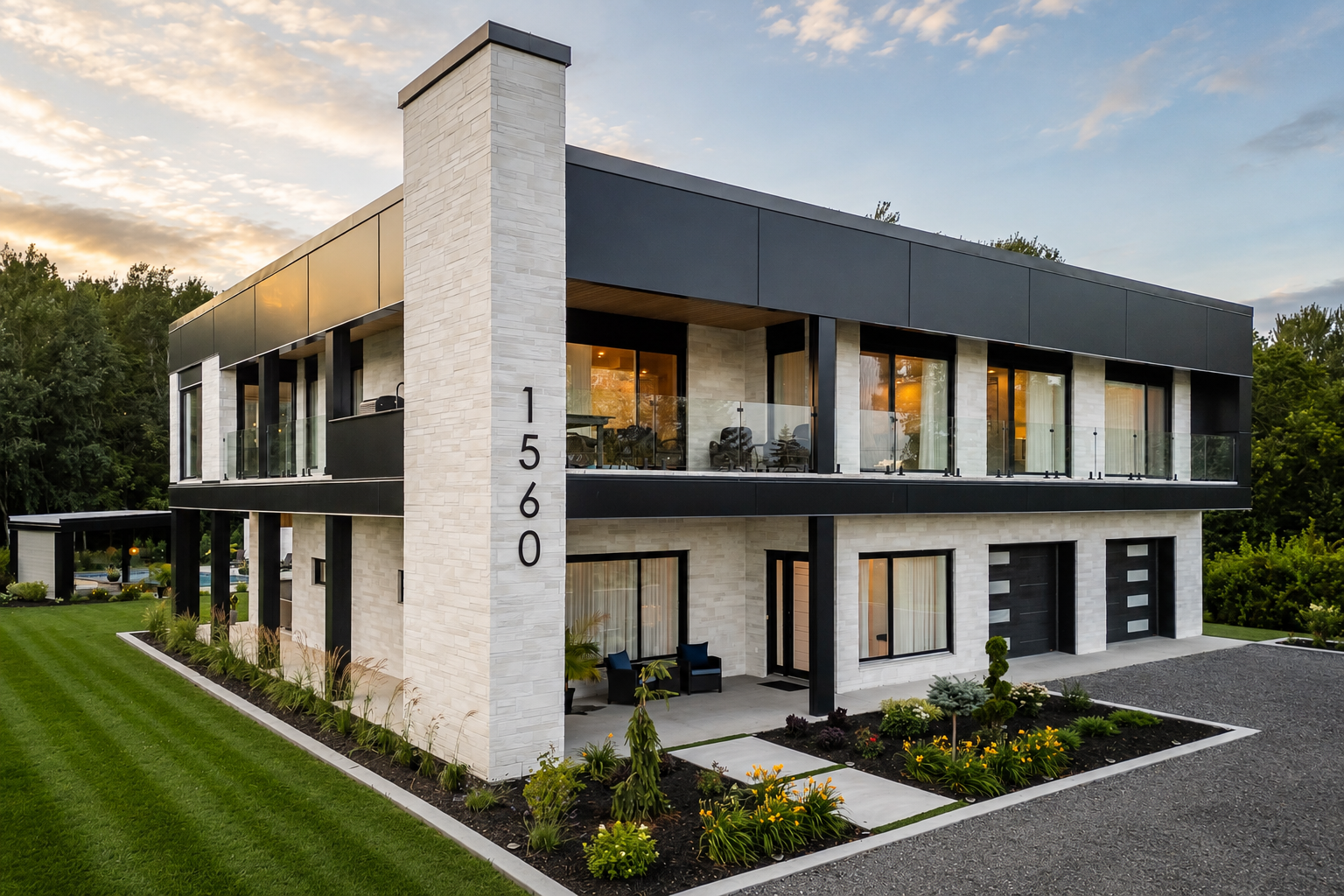 Architecture contemporaine de la Villa Océane, pierre claire et aluminium noir au crépuscule